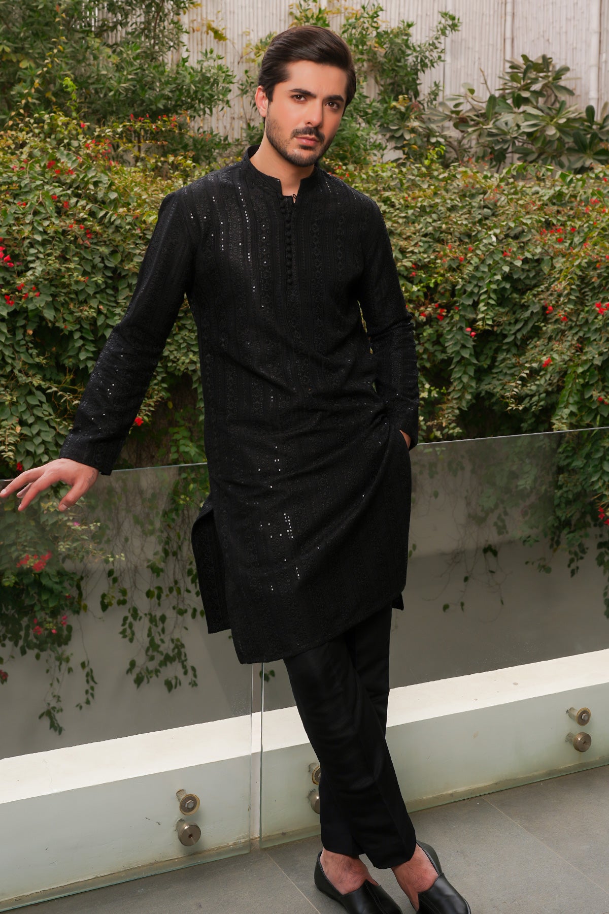 Black Embroidered Masoori Kurta Pajama (2-Piece) - Image 2