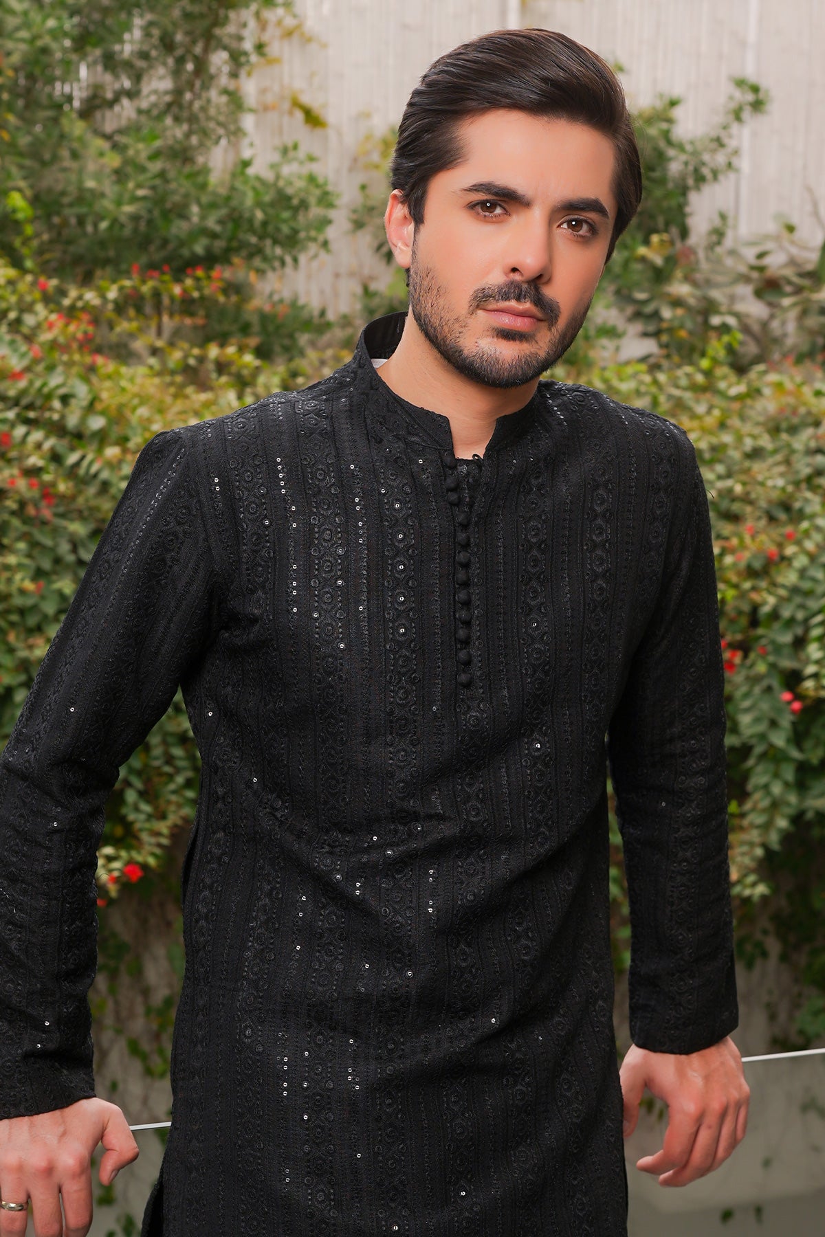 Black Embroidered Masoori Kurta Pajama (2-Piece) - Image 3