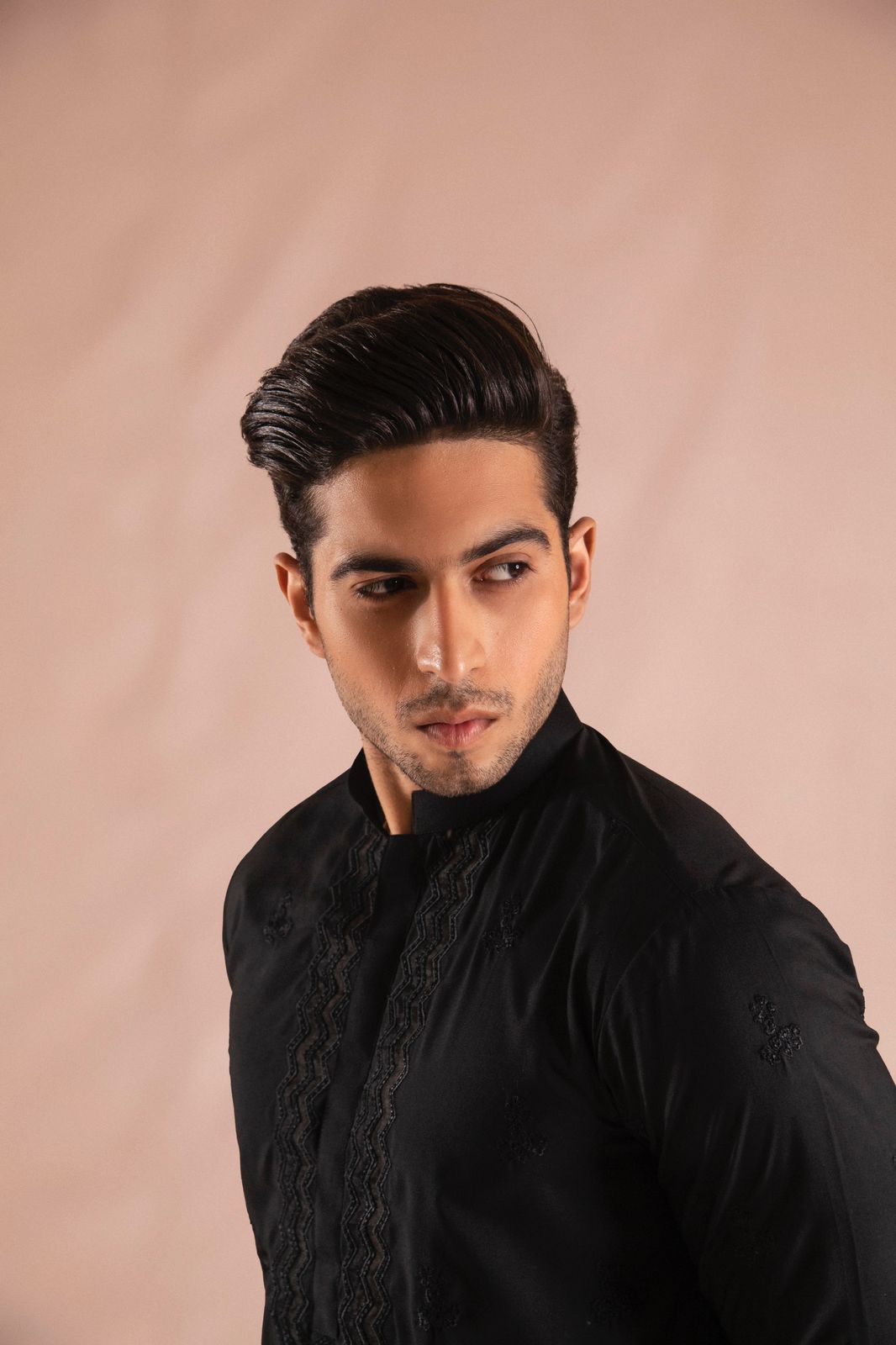 Black Embroidered Wash & Wear Kurta Pajama (2-Piece) - Image 3