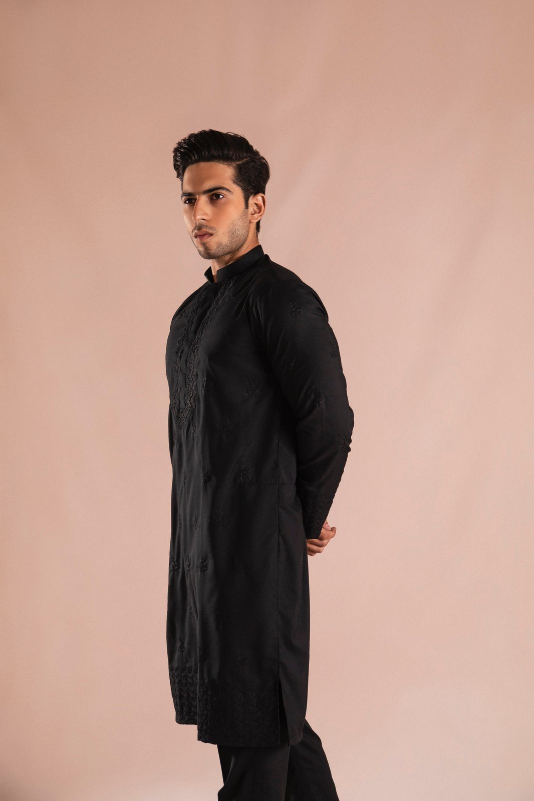 Black Embroidered Wash & Wear Kurta Pajama (2-Piece) - Image 5