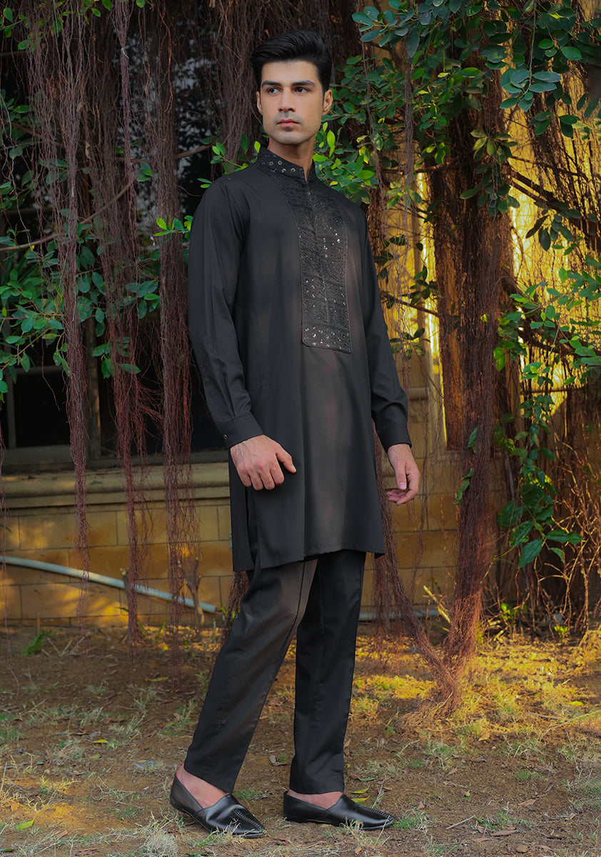 Black Embroidered Poly Viscose Kurta Suit (2-Piece) - Image 4