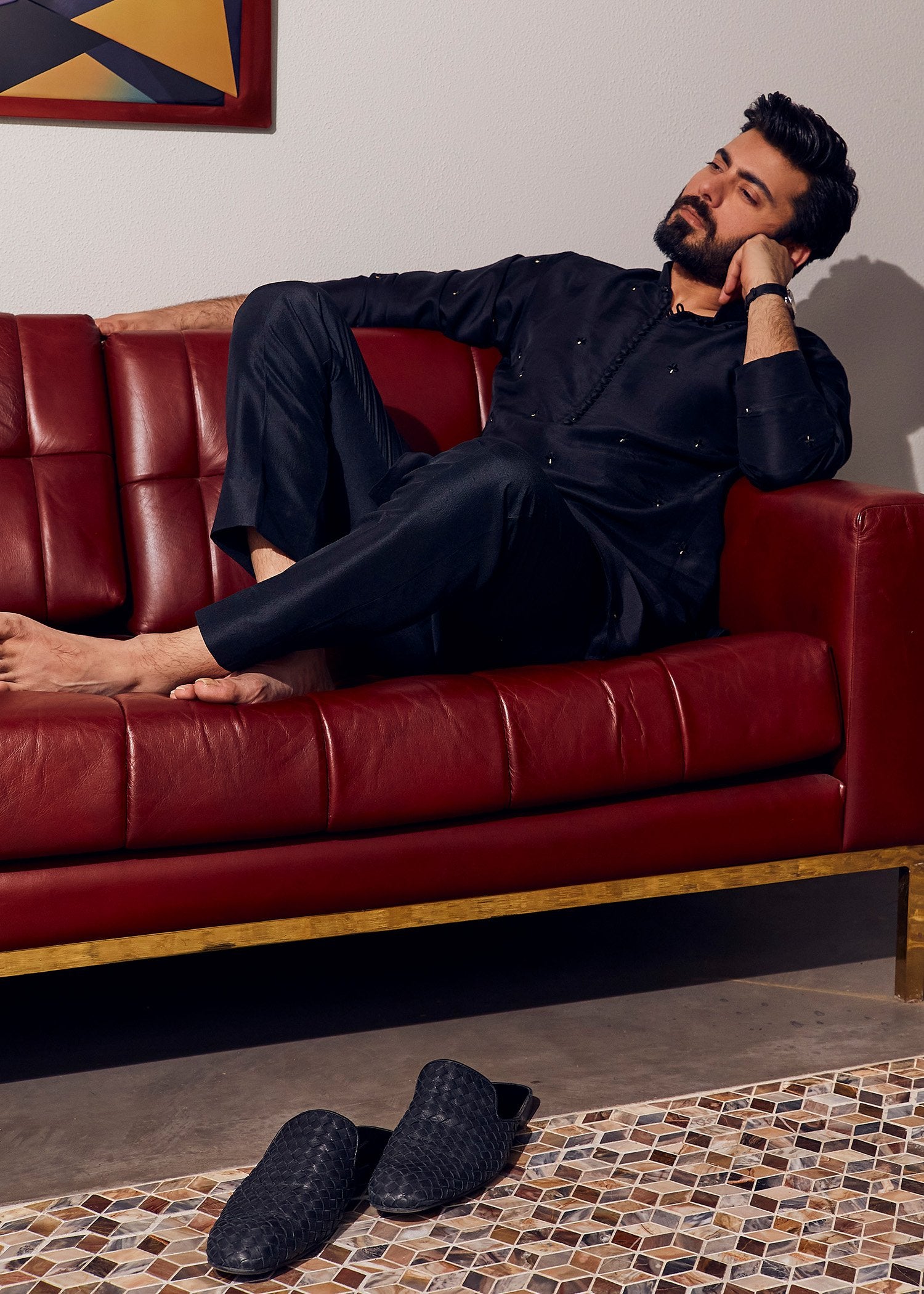 Black Embroidered Korean Rawsilk Kurta (2-Piece) - Image 2