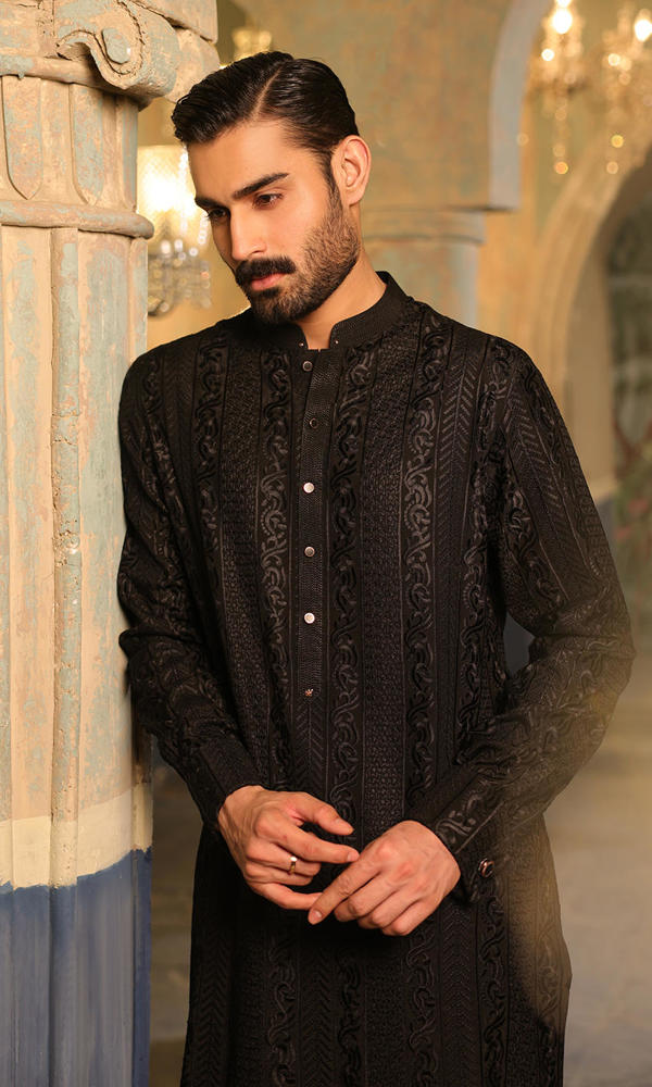 Black Self-Embroidered Kurta with Straight Trousers (2-Piece) - Image 6