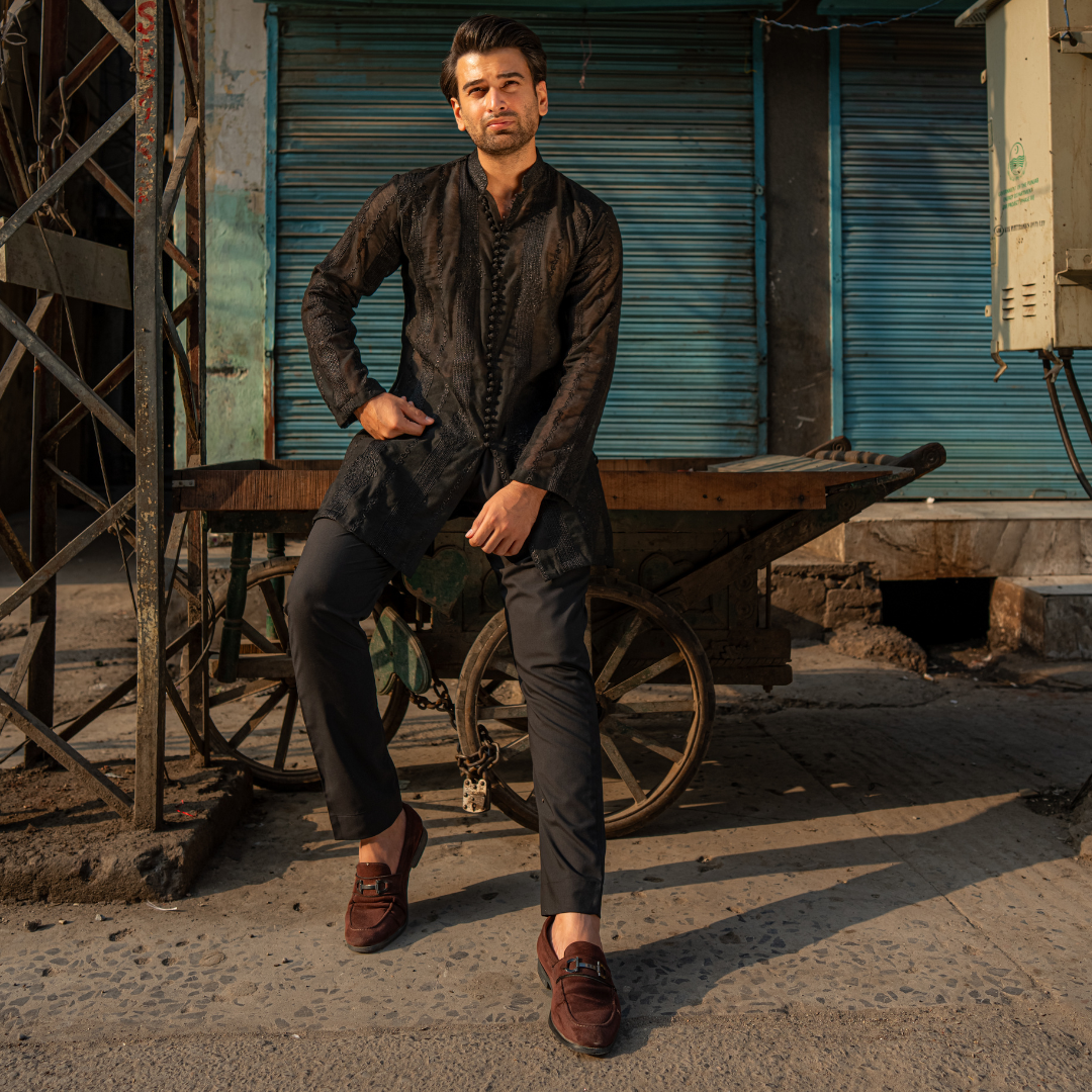 Black Chikankari Embroidered Short Kurta (2-Piece) - Image 10