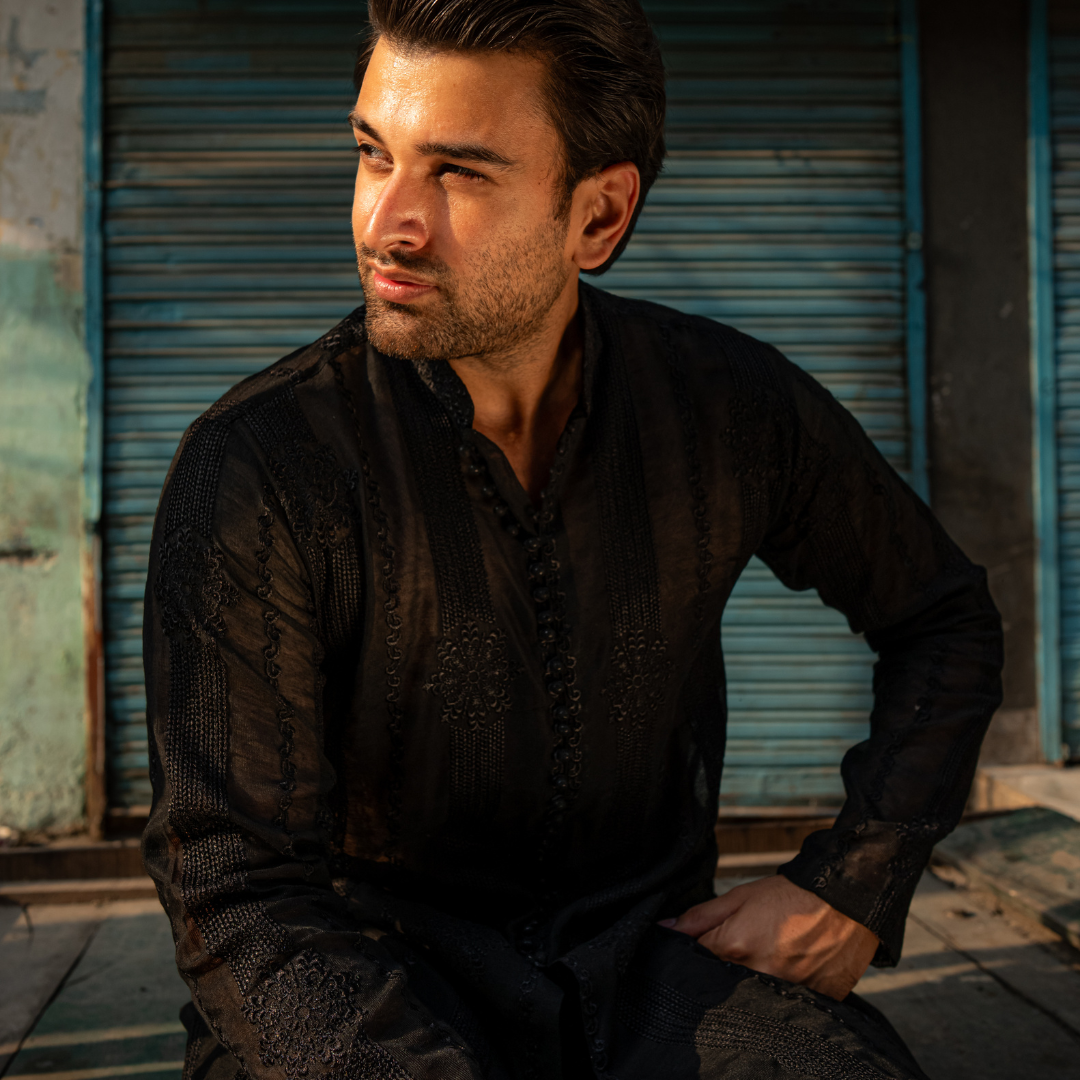 Black Chikankari Embroidered Short Kurta (2-Piece) - Image 12