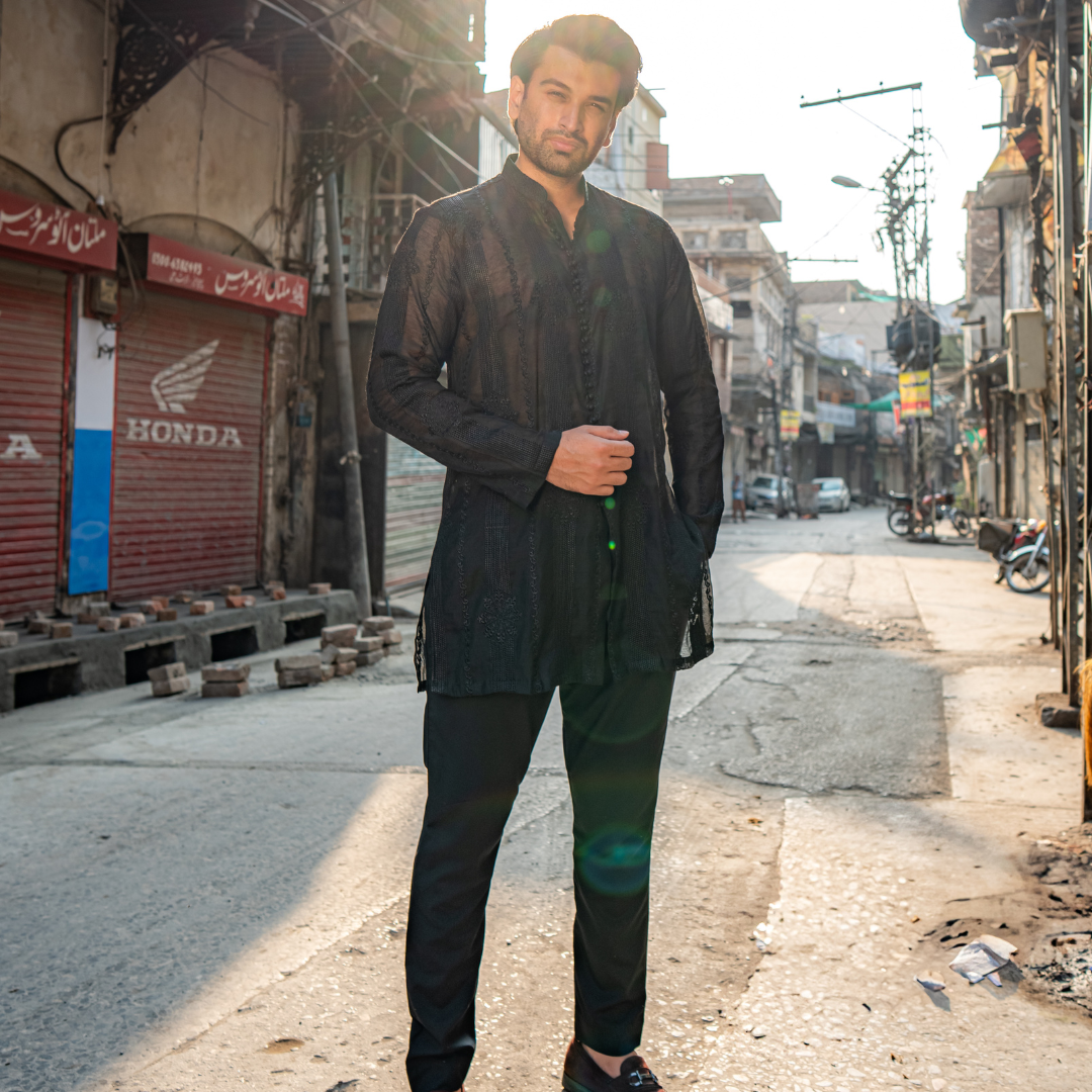 Black Chikankari Embroidered Short Kurta (2-Piece) - Image 7