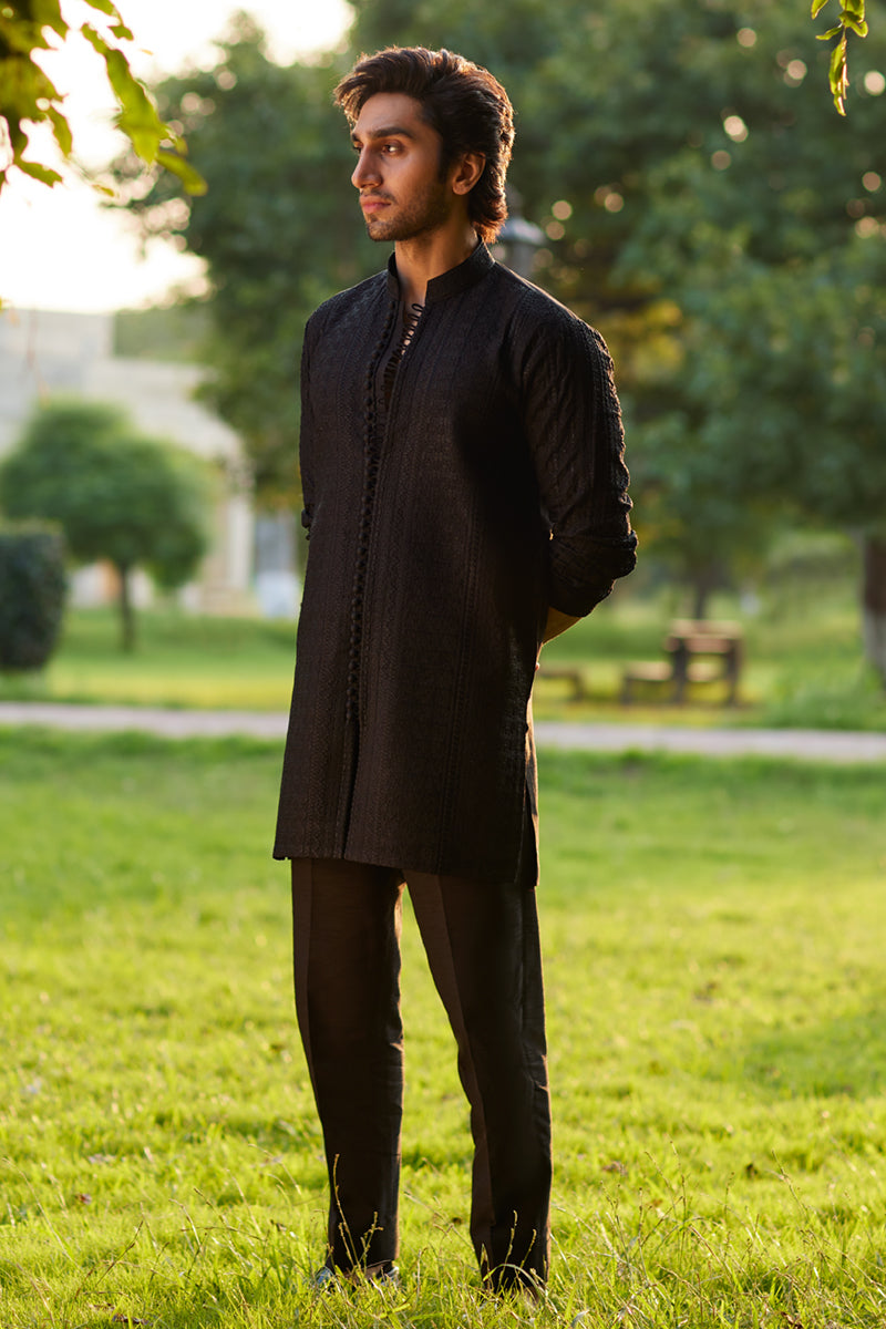 Black Embroidered Raw Silk Kurta Set (2-Piece) - Image 1