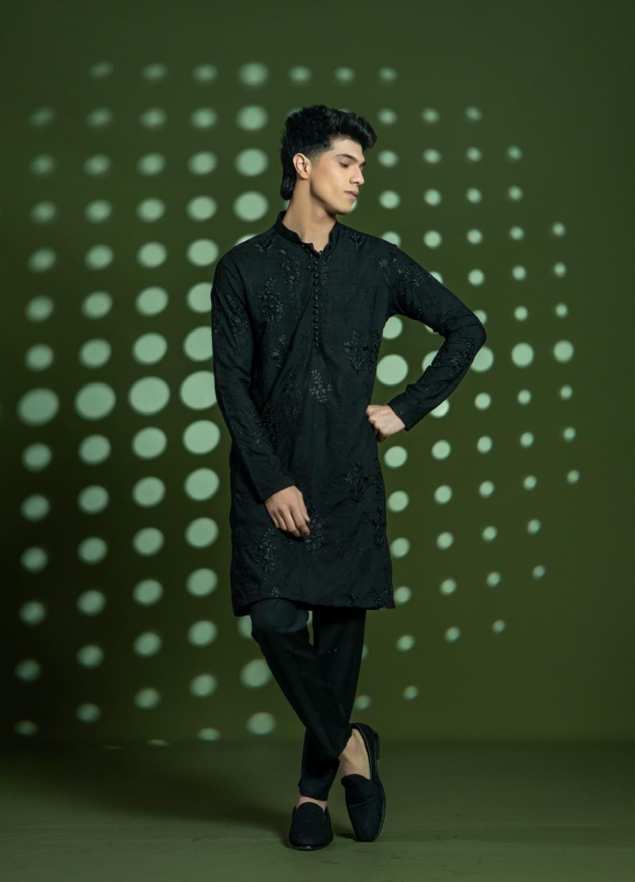 Black Embroidered Wash-and-Wear Kurta Set (2-Piece) - Image 1