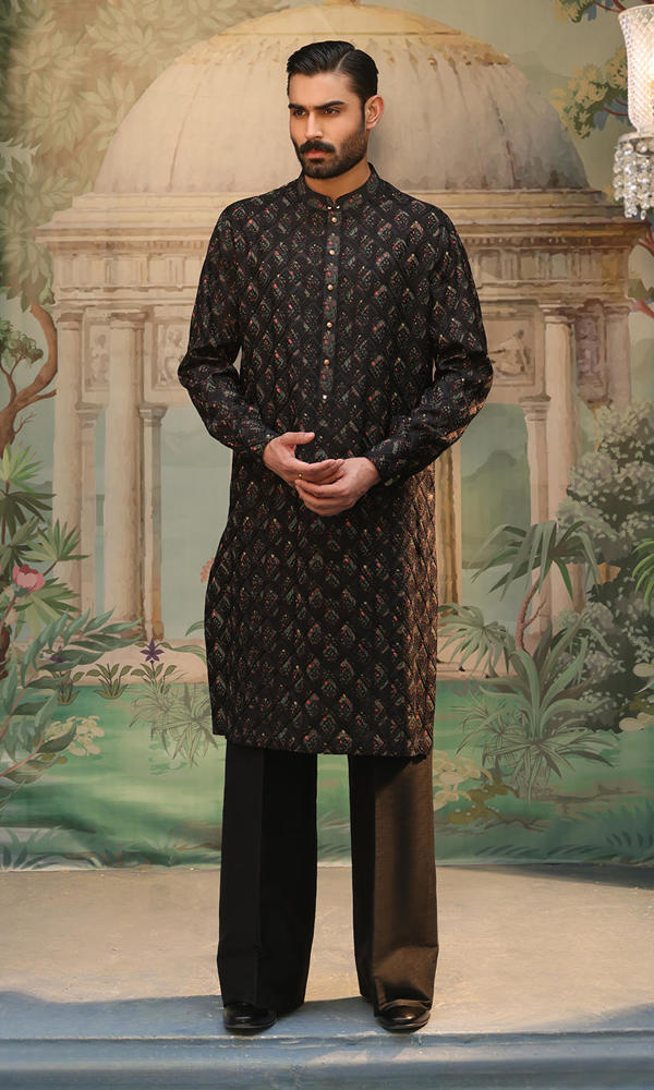 Black Embroidered Silk-Blend Kurta Set (2-Piece) - Image 2