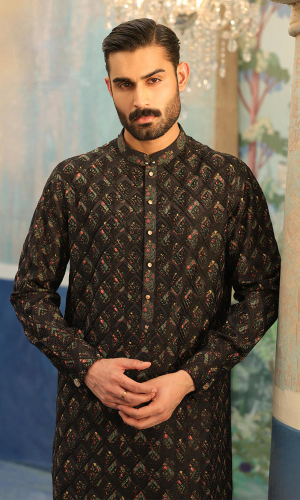 Black Embroidered Silk-Blend Kurta Set (2-Piece) - Image 3