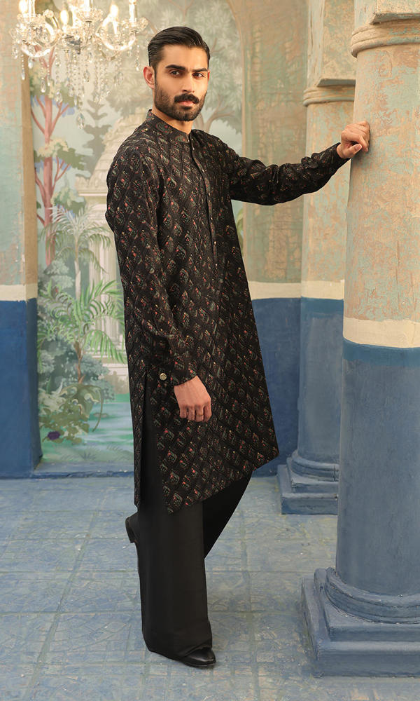 Black Embroidered Silk-Blend Kurta Set (2-Piece) - Image 4