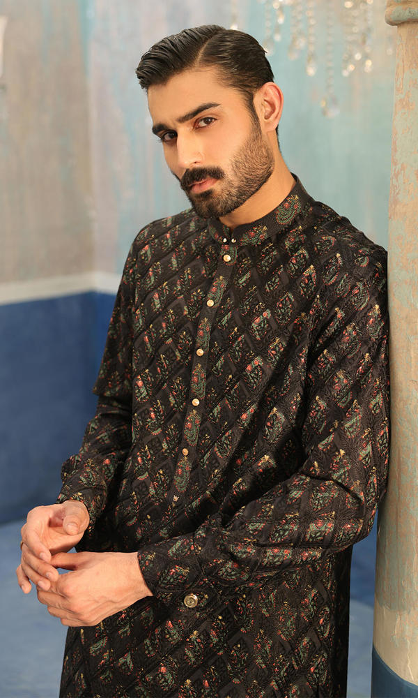 Black Embroidered Silk-Blend Kurta Set (2-Piece) - Image 6
