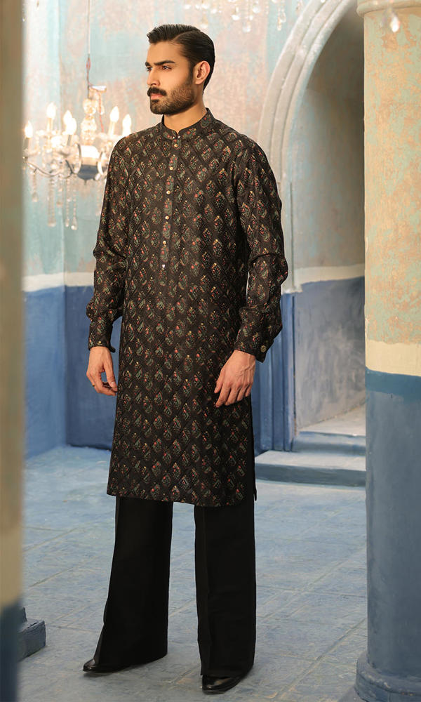 Black Embroidered Silk-Blend Kurta Set (2-Piece) - Image 7
