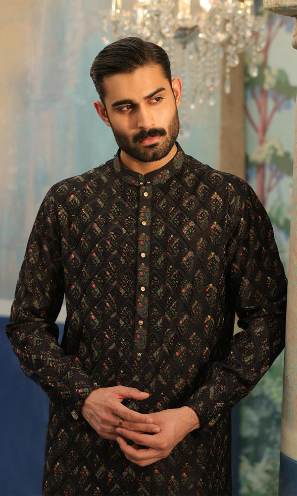 Black Embroidered Silk-Blend Kurta Set (2-Piece) - Image 8