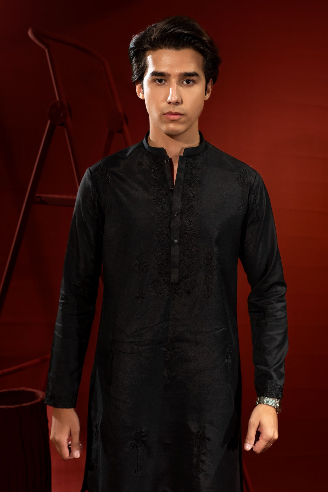 Black Embroidered Silk Kurta Trouser Set (2-Piece) - Image 2
