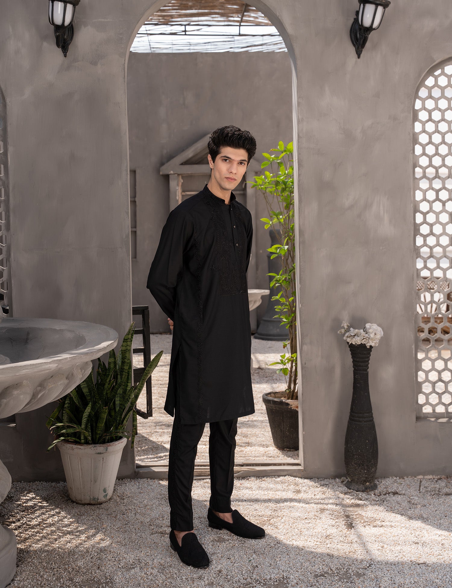 Black Embroidered Wash & Wear Kurta Trouser (3-Piece) - Image 1