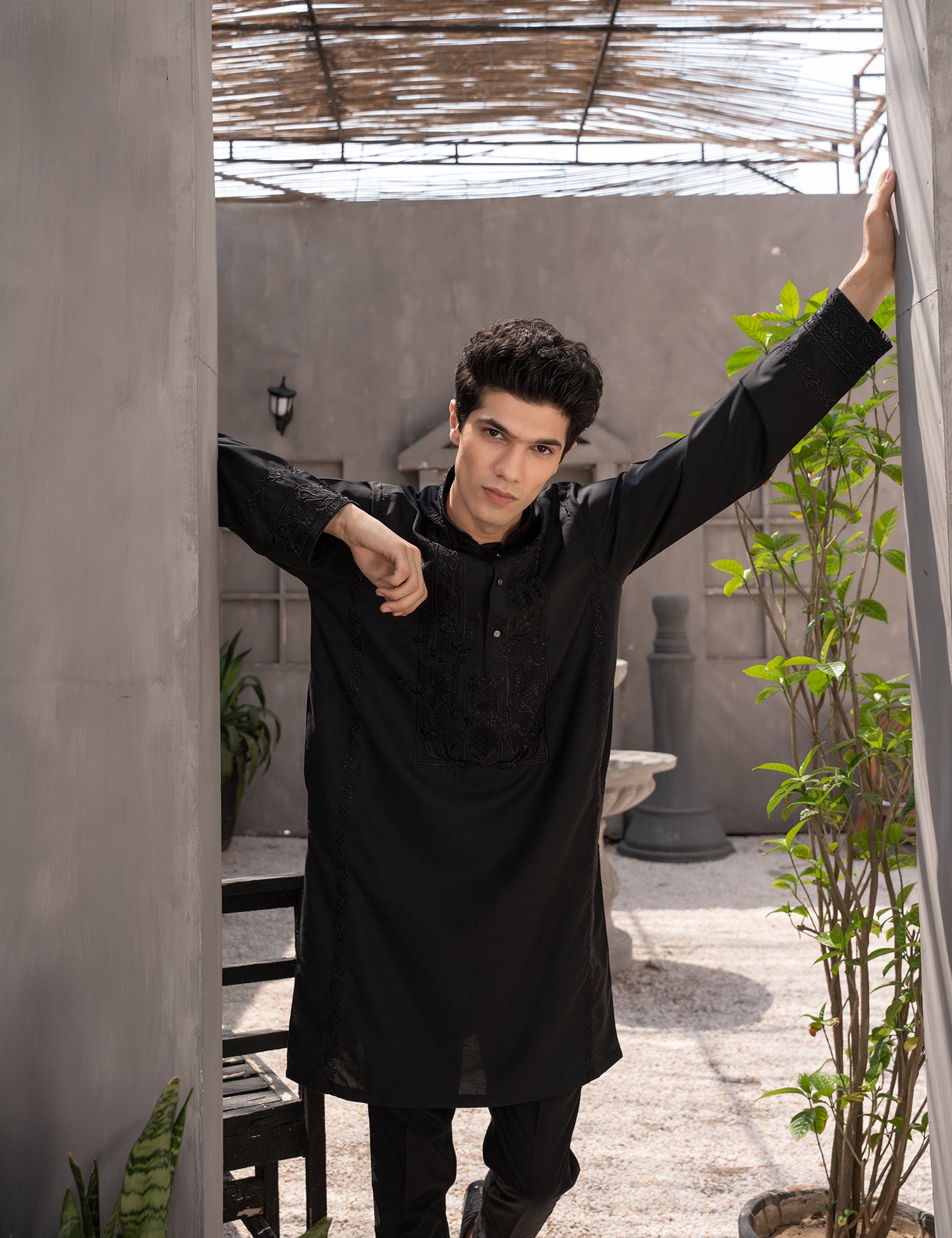 Black Embroidered Wash & Wear Kurta Trouser (3-Piece) - Image 2
