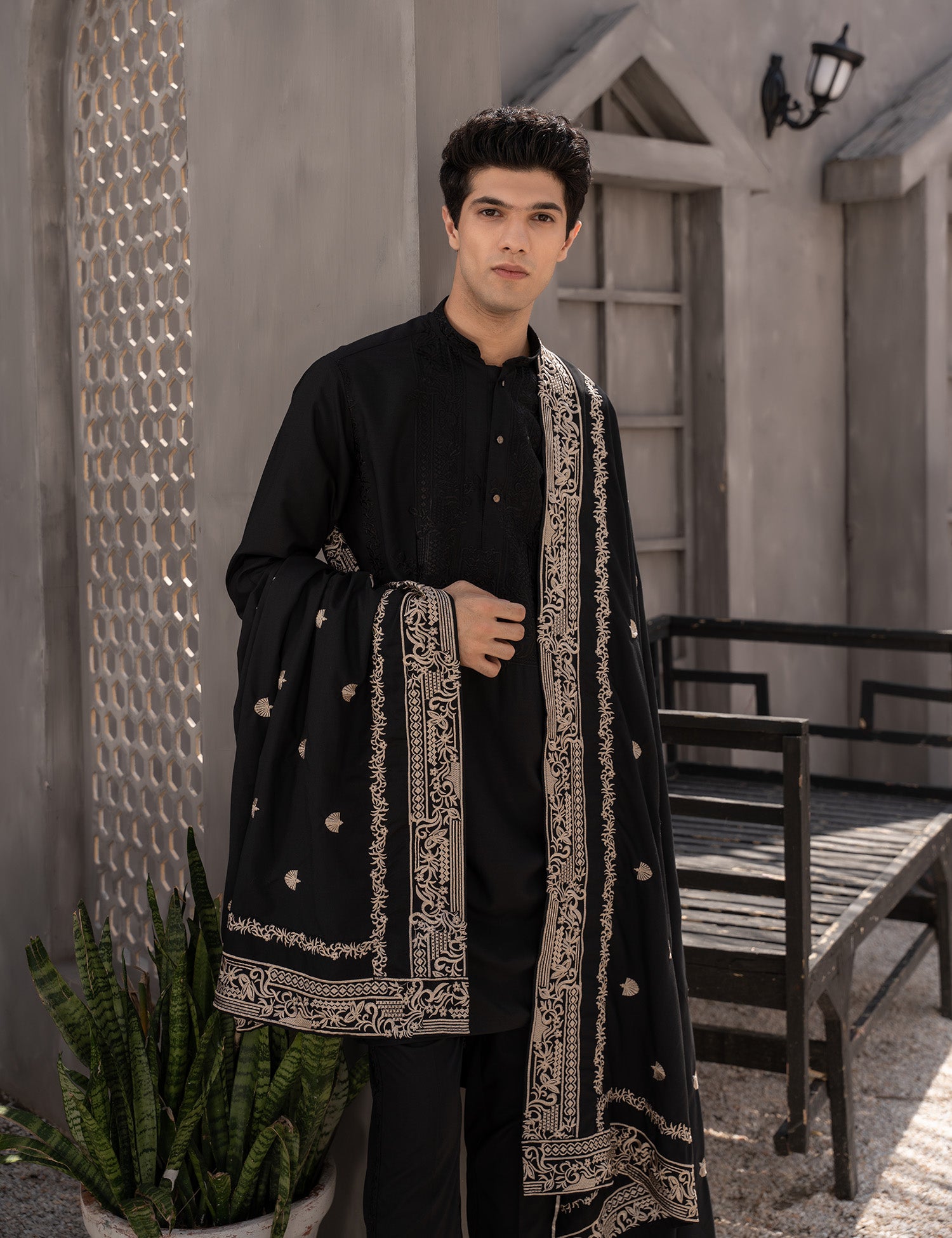 Black Embroidered Wash & Wear Kurta Trouser (3-Piece) - Image 3