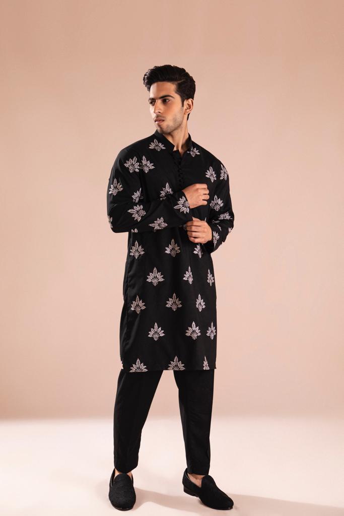 Black Embroidered Wash-and-Wear Kurta Pajama (2-Piece) - Image 1