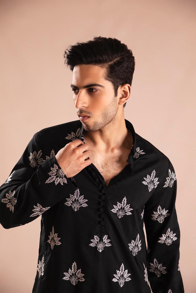 Black Embroidered Wash-and-Wear Kurta Pajama (2-Piece) - Image 3