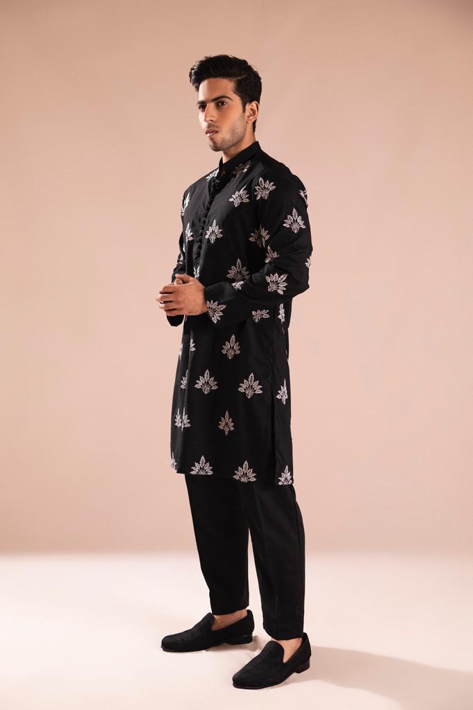 Black Embroidered Wash-and-Wear Kurta Pajama (2-Piece) - Image 4