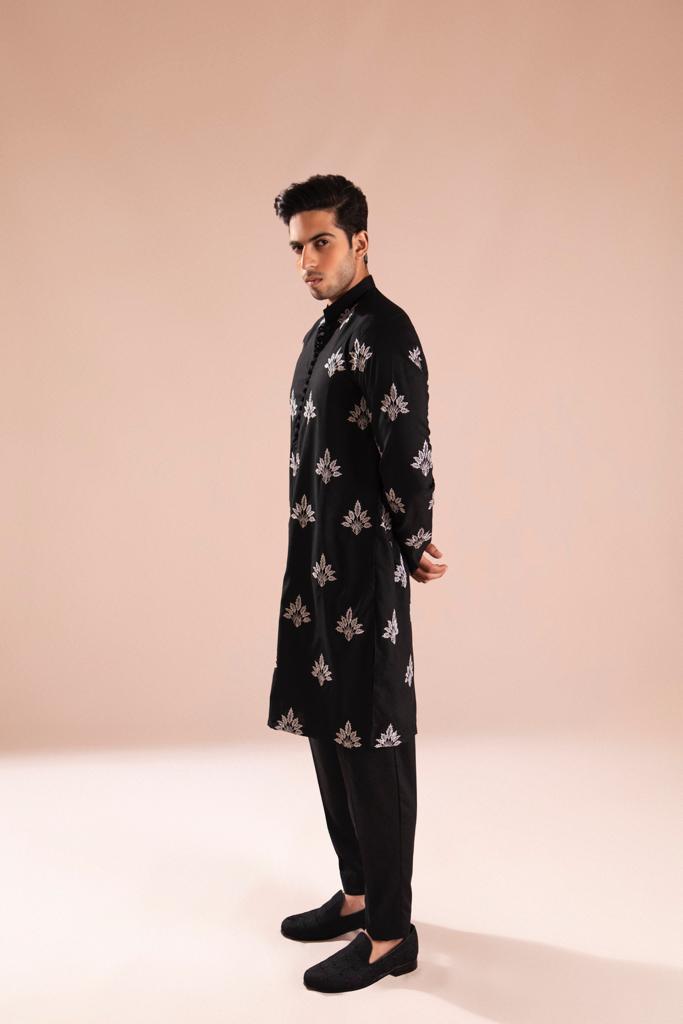 Black Embroidered Wash-and-Wear Kurta Pajama (2-Piece) - Image 5