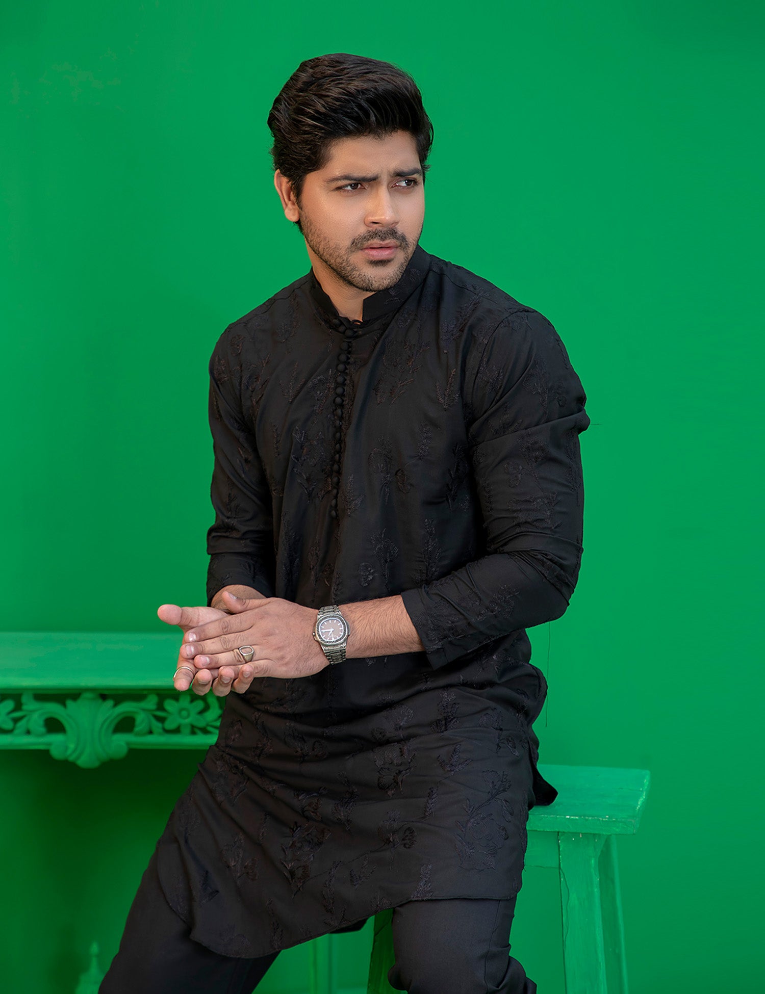 Black Embroidered Wash N Wear Kurta (2-Piece) - Image 4