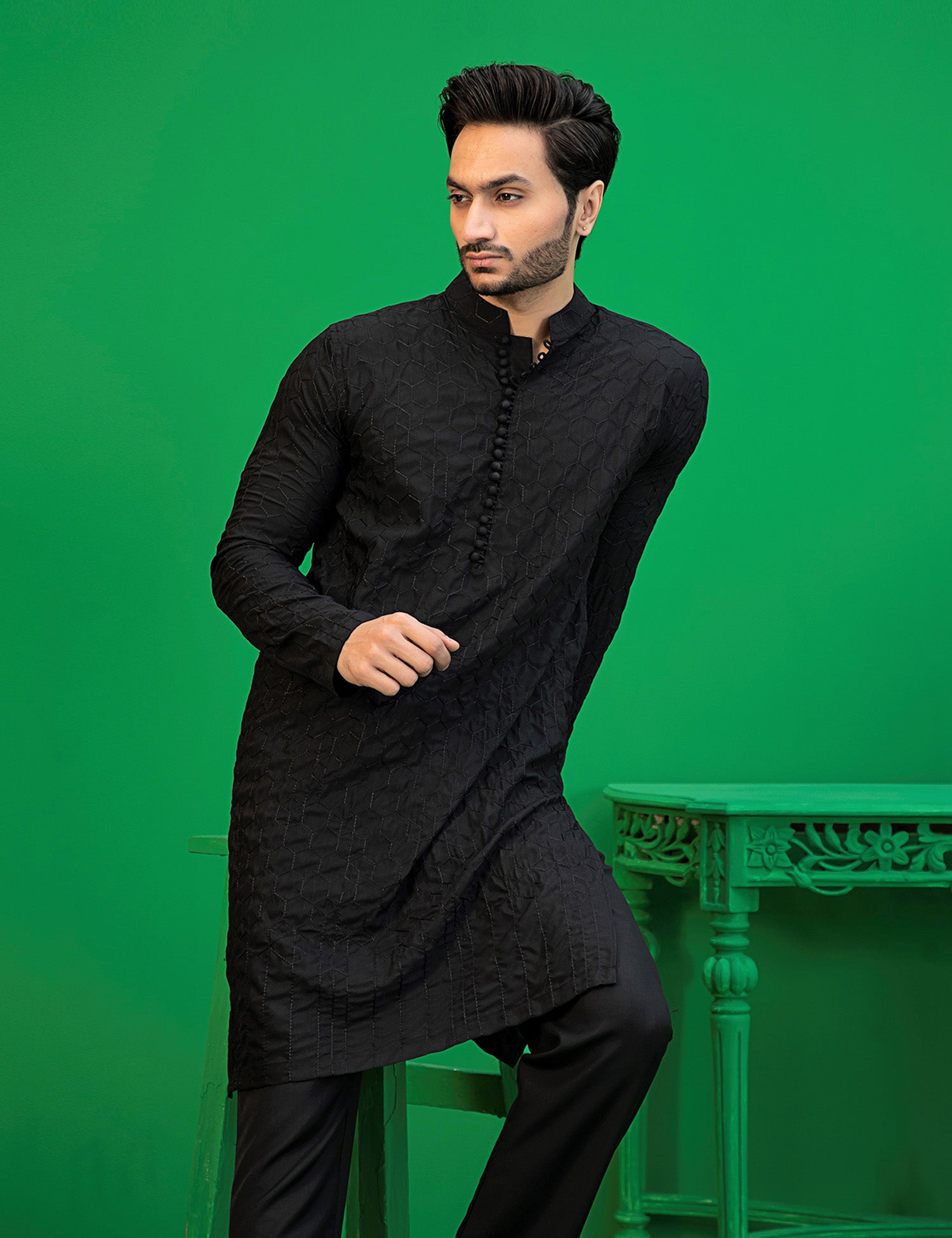 Black Embroidered Wash N Wear Kurta (2-Piece) - Image 7