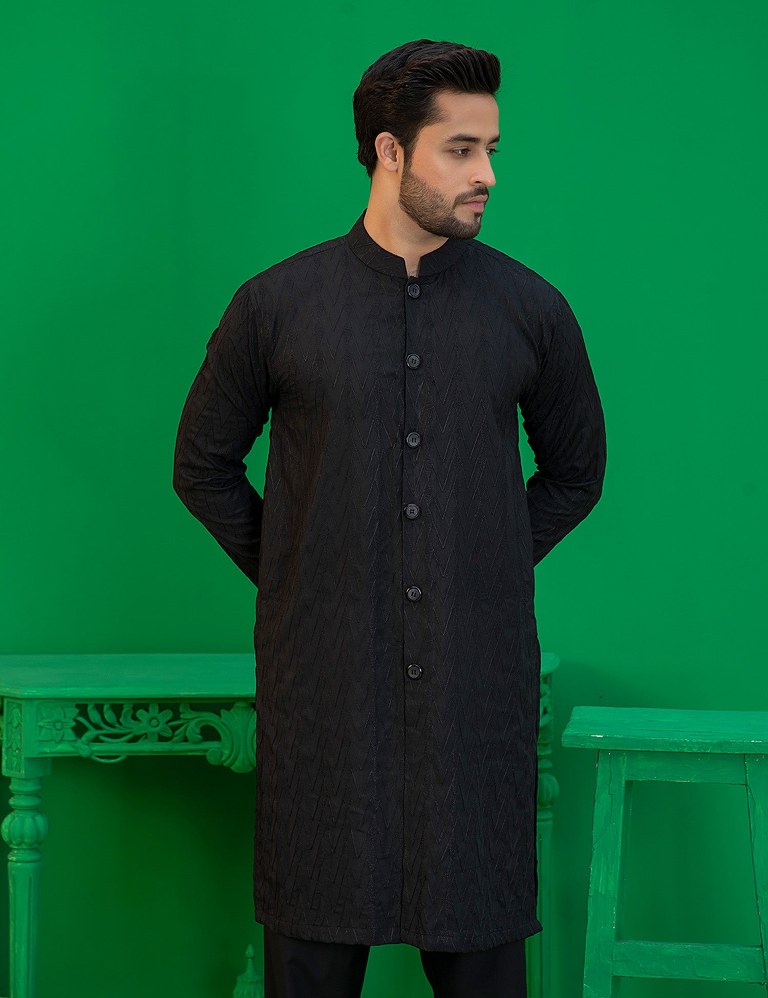 Black Embroidered Wash N Wear Kurta (2-Piece) - Image 2