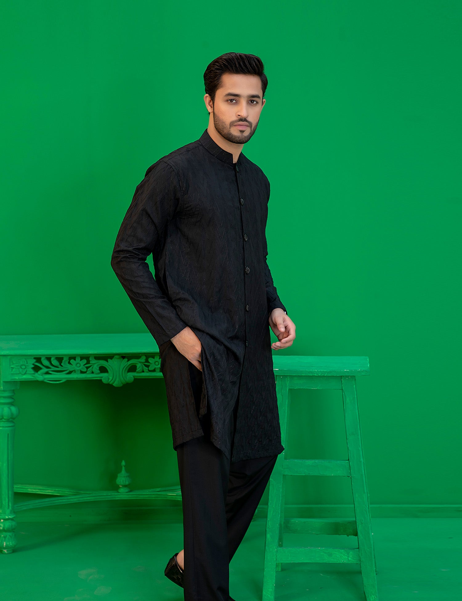 Black Embroidered Wash N Wear Kurta (2-Piece) - Image 3