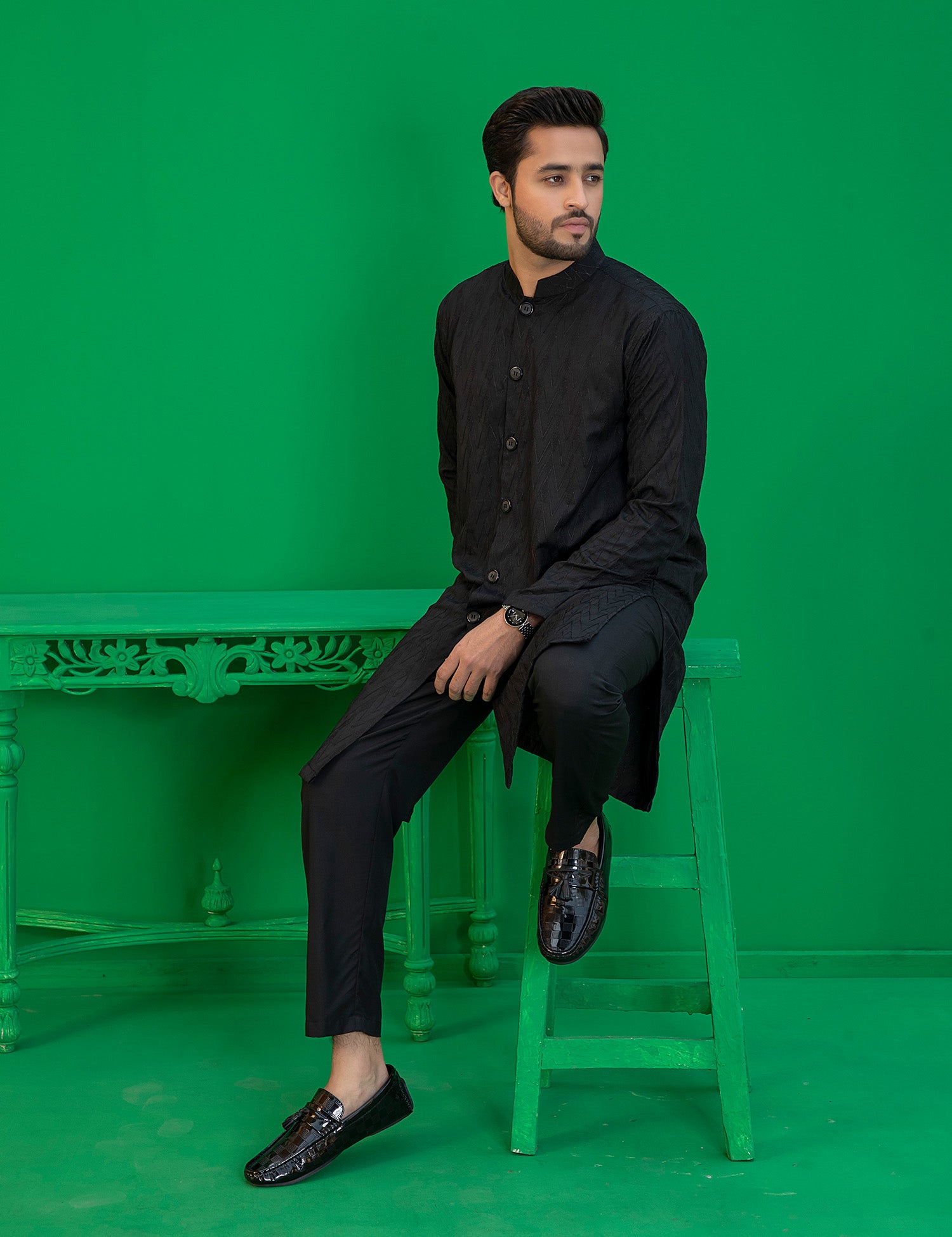 Black Embroidered Wash N Wear Kurta (2-Piece) - Image 4
