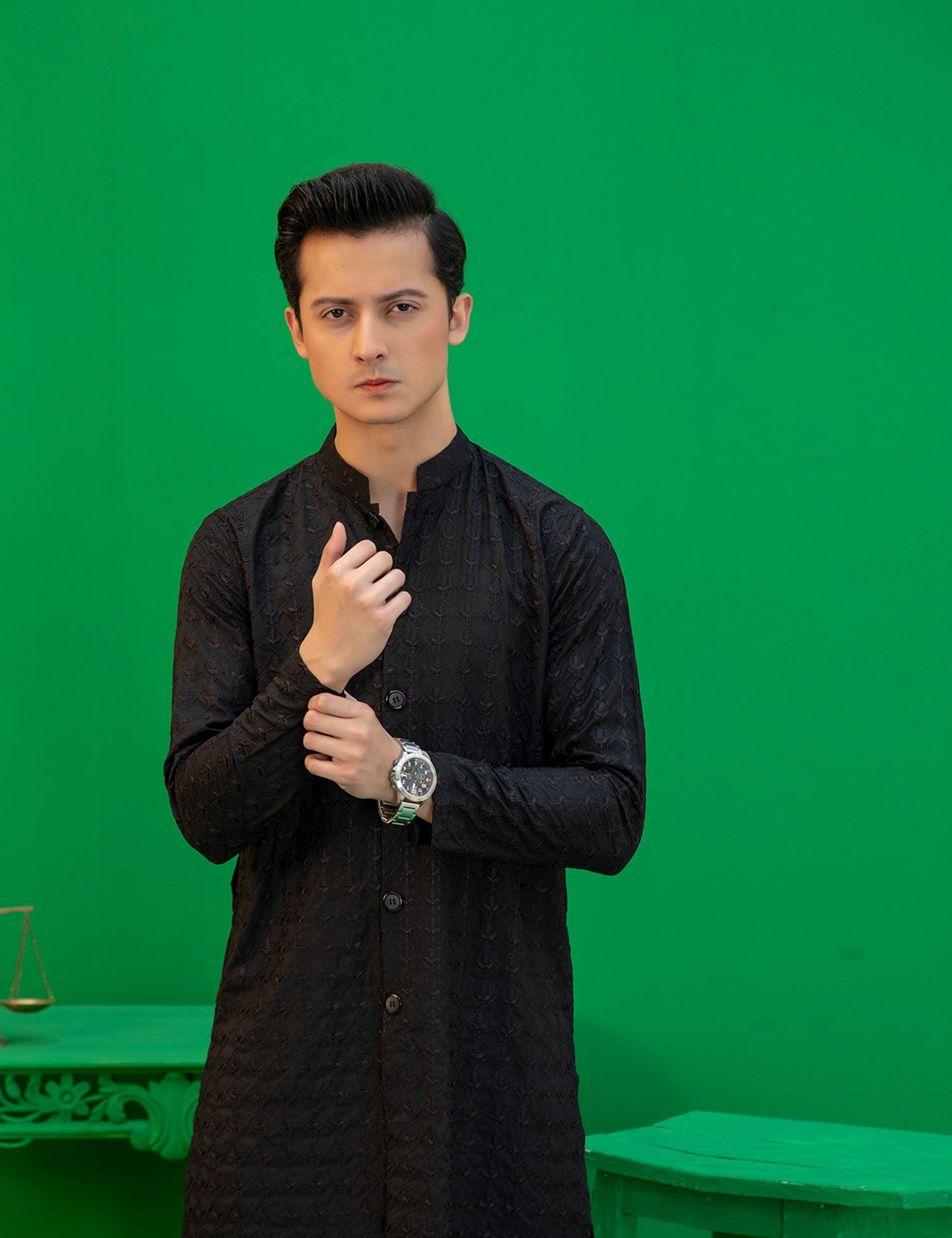 Black Embroidered Wash N Wear Sherwani-Style Kurta (2-Piece) - Image 7