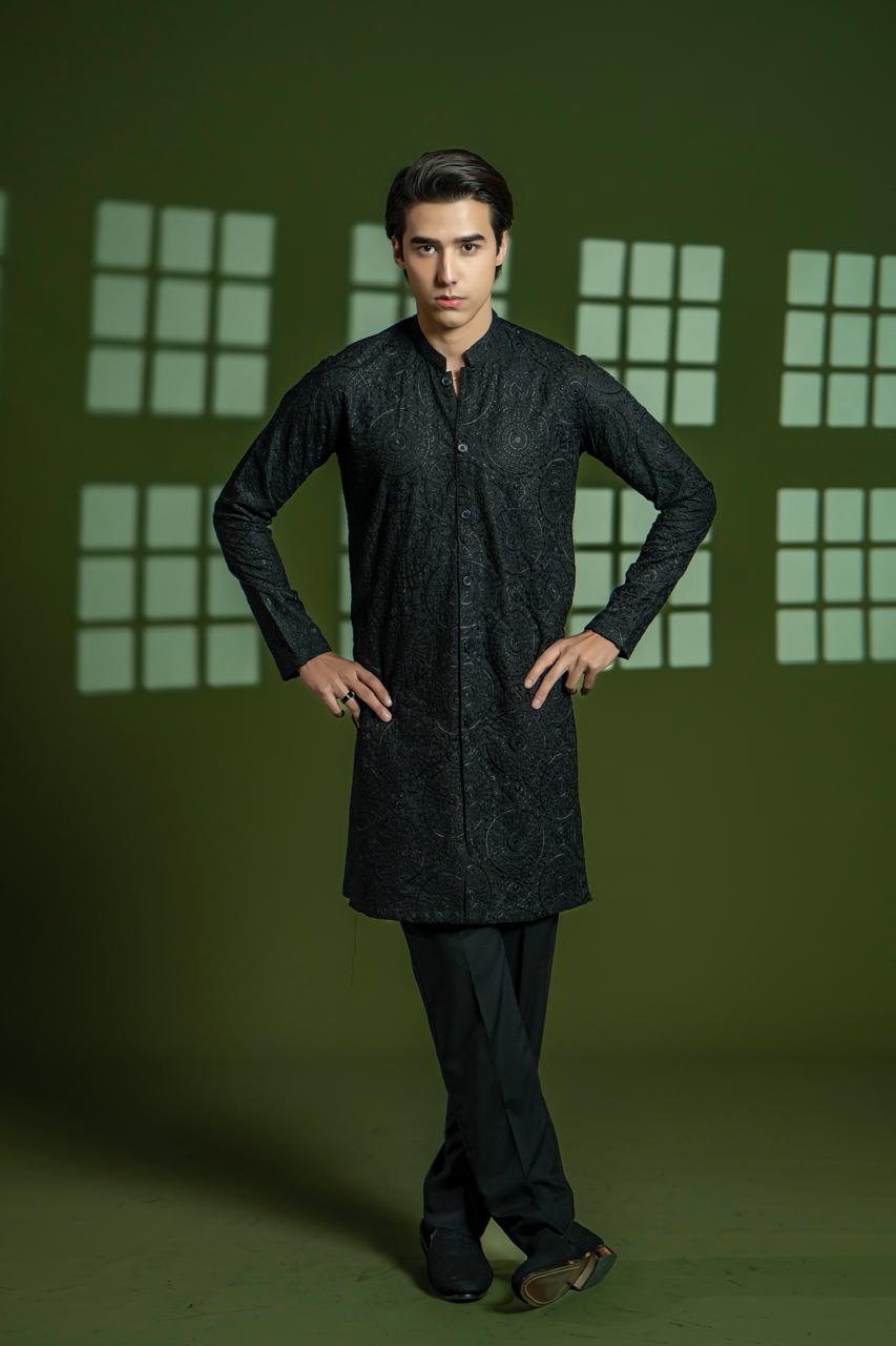 Black Embroidered Wash & Wear Kurta (2-Piece) - Image 1