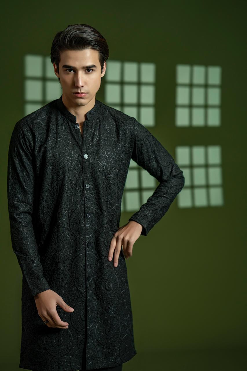 Black Embroidered Wash & Wear Kurta (2-Piece) - Image 4
