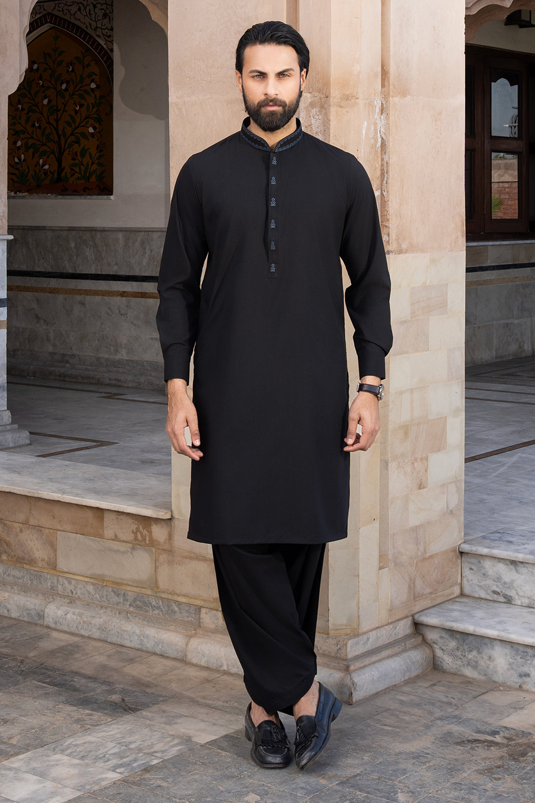 Black Embroidered Blend Fabric Shalwar Kameez (2-Piece) - Image 6