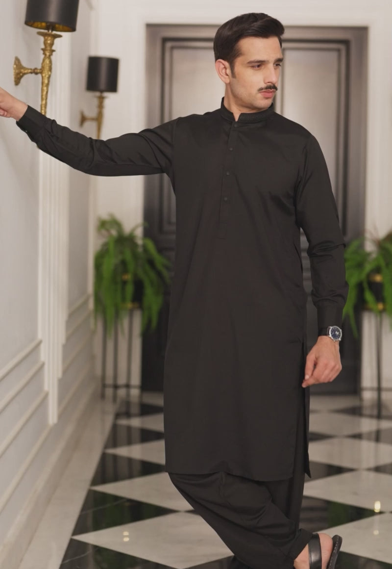 Black Embroidered Blended Kurta Shalwar (2-Piece) - Image 2