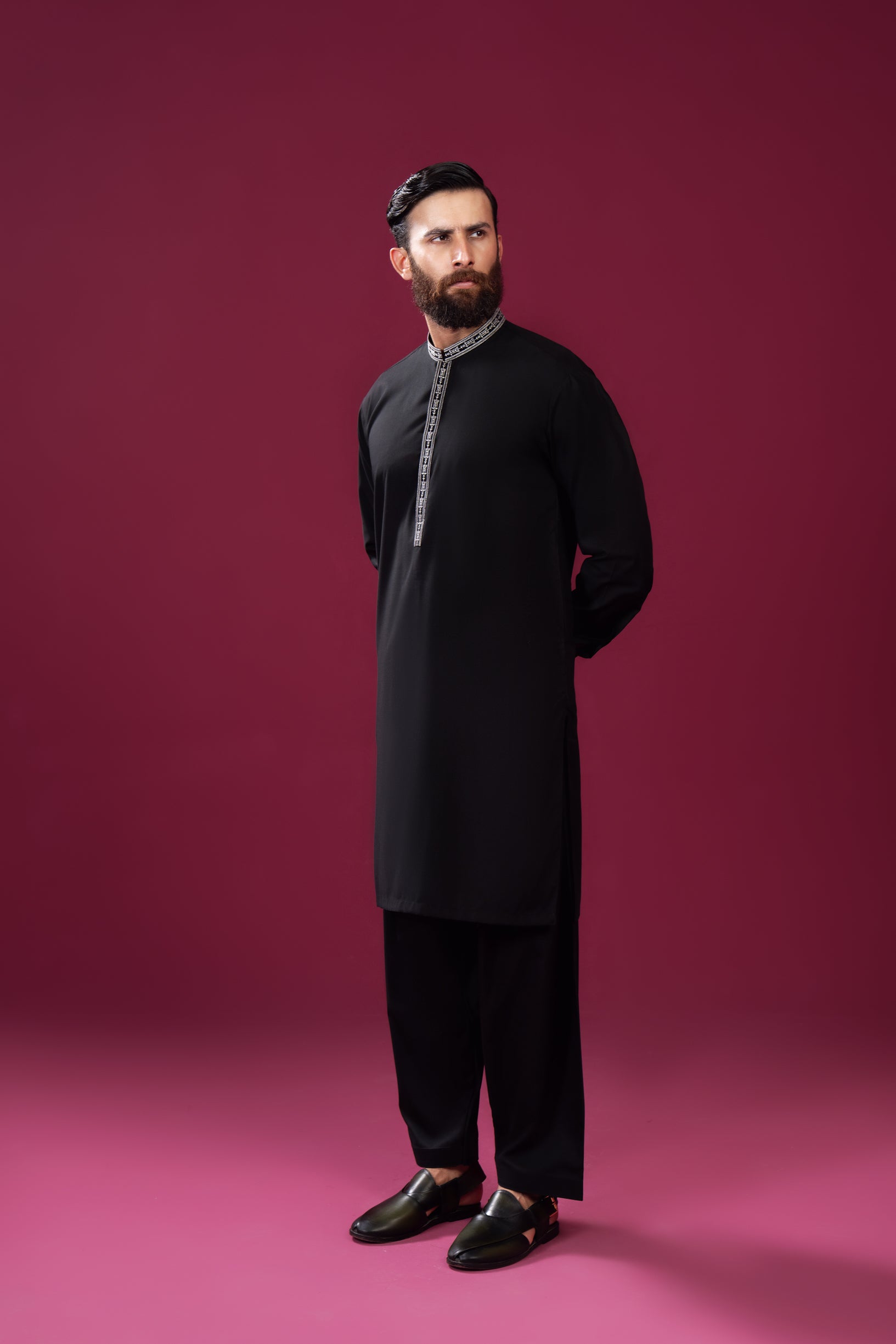 Black Embroidered Blended Kurta Shalwar (2-Piece) - Image 5