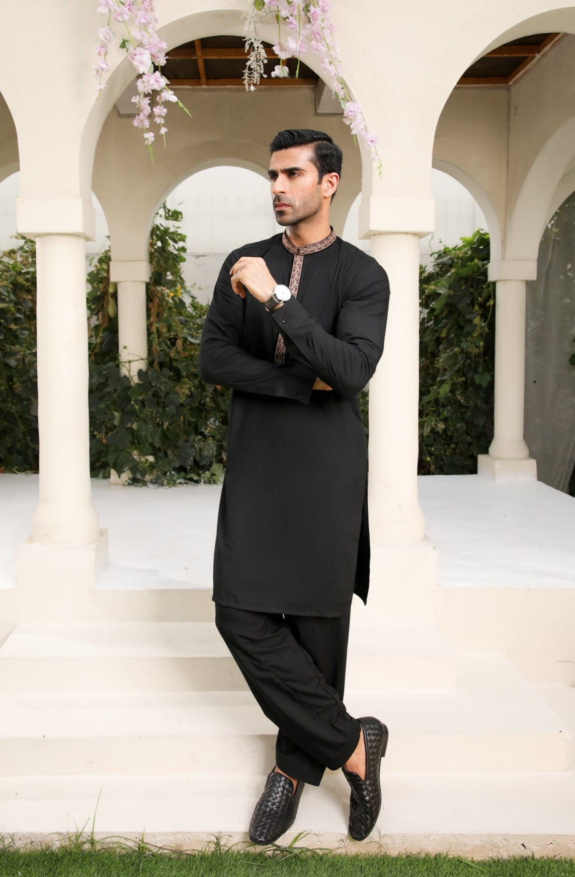 Midnight Black Embroidered Blended Kameez Shalwar (2-Piece) - Image 1