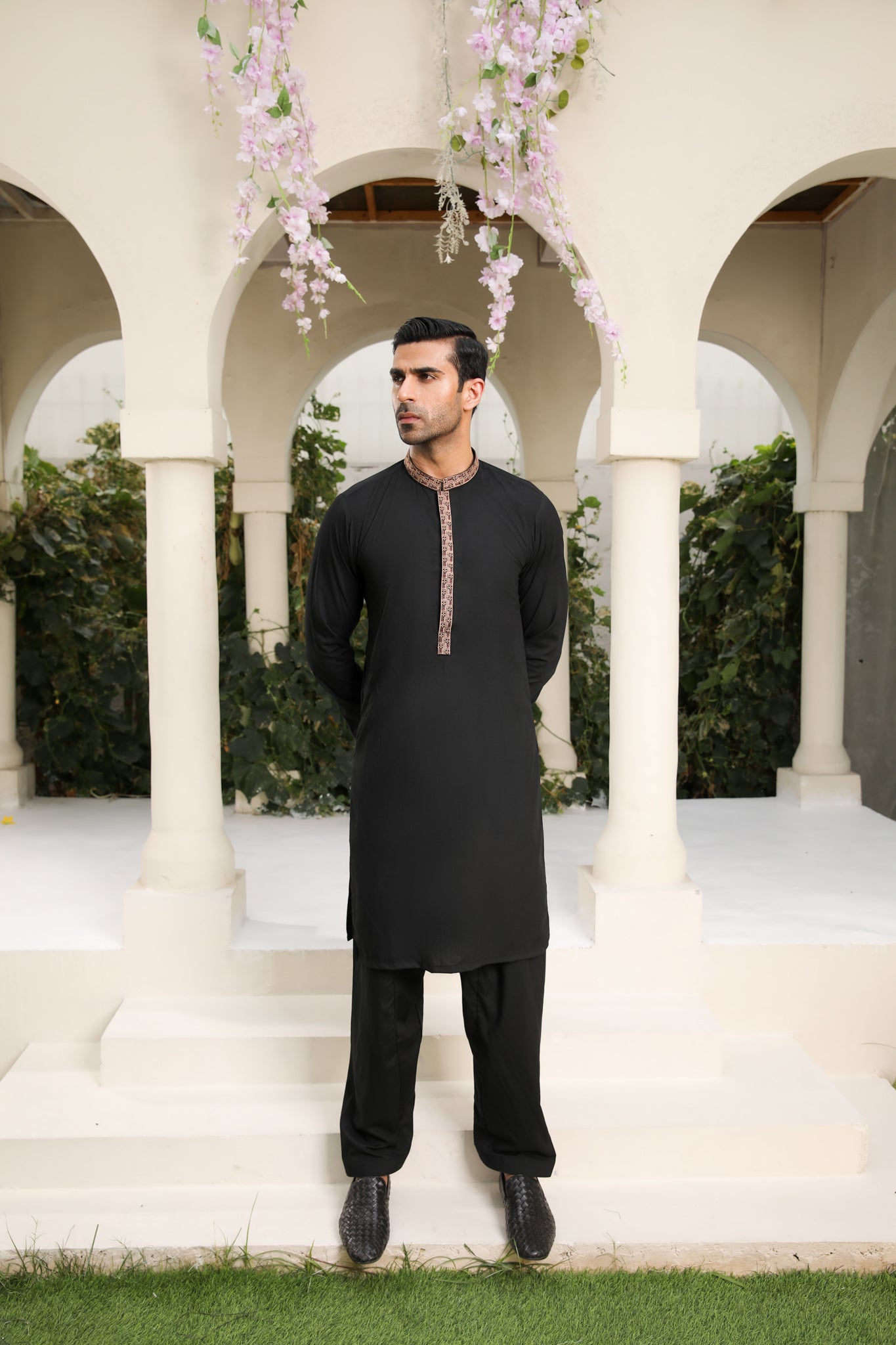 Midnight Black Embroidered Blended Kameez Shalwar (2-Piece) - Image 2