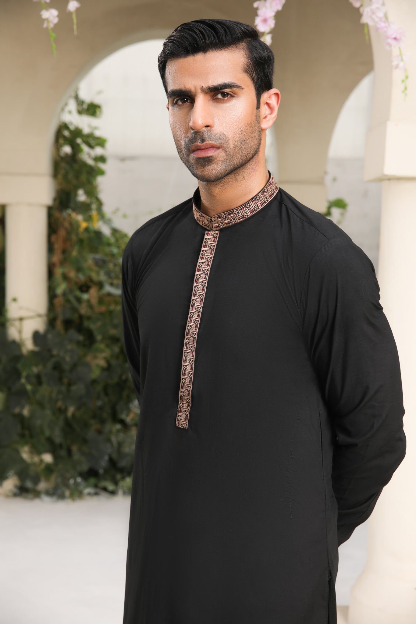 Midnight Black Embroidered Blended Kameez Shalwar (2-Piece) - Image 3