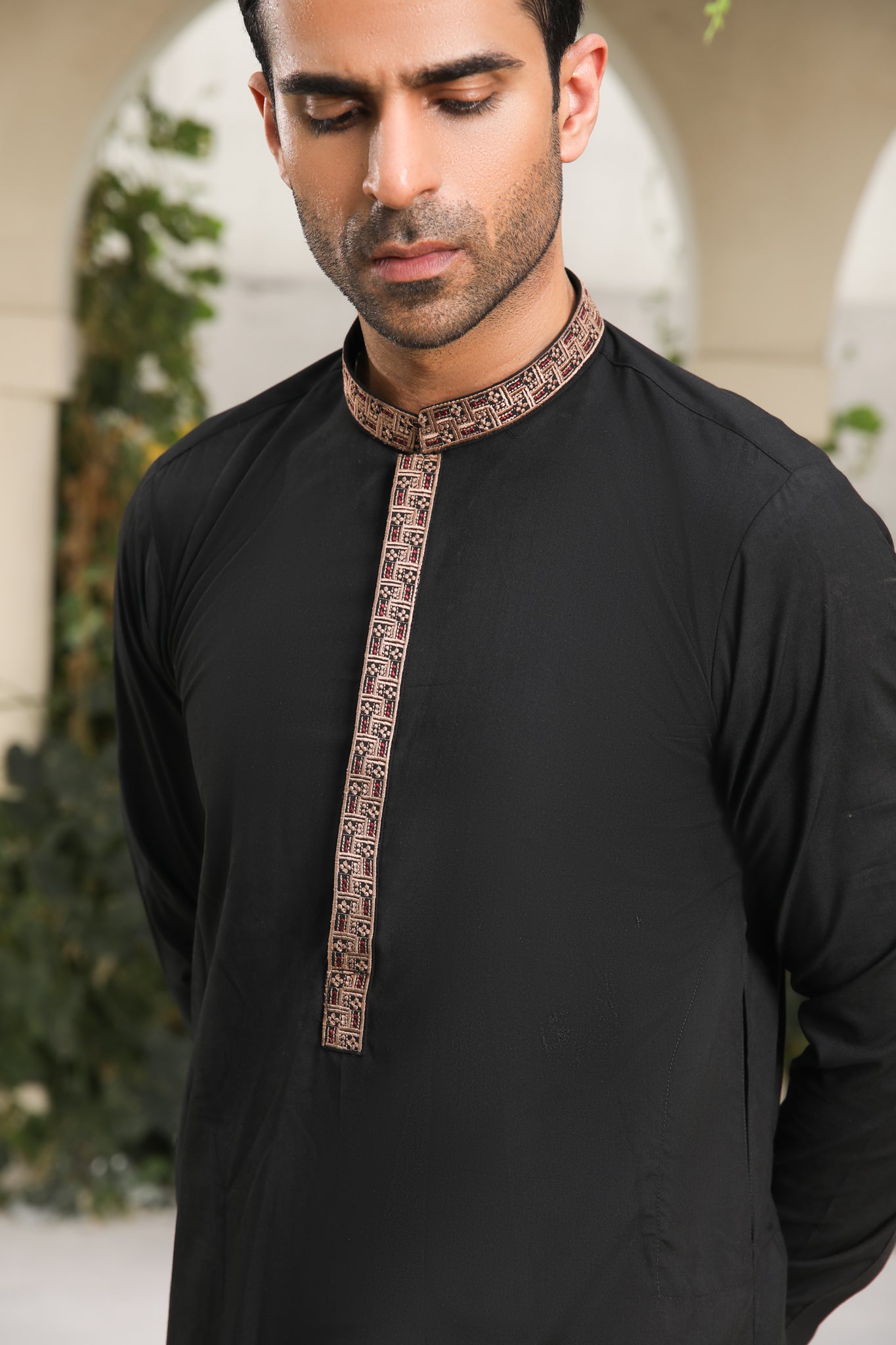 Midnight Black Embroidered Blended Kameez Shalwar (2-Piece) - Image 5