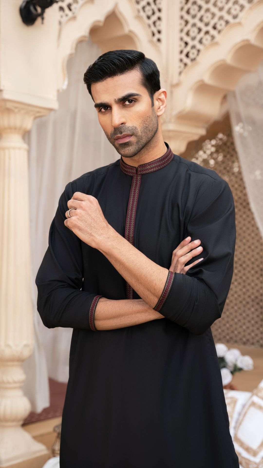 Black Embroidered Blended Fabric Shalwar Kameez (2-Piece) - Image 1