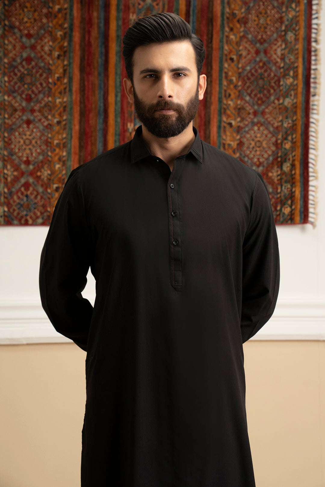 Black Contrast Piping Blended Shalwar Kameez (2-Piece) - Image 1