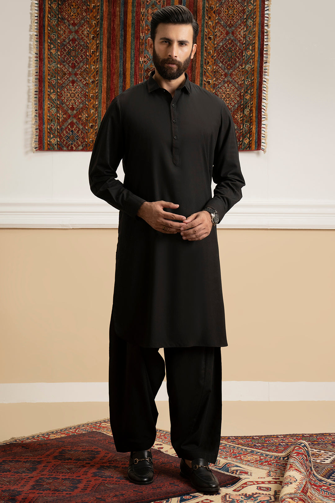 Black Contrast Piping Blended Shalwar Kameez (2-Piece) - Image 2