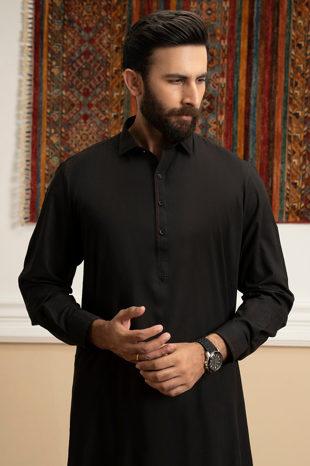 Black Contrast Piping Blended Shalwar Kameez (2-Piece) - Image 4