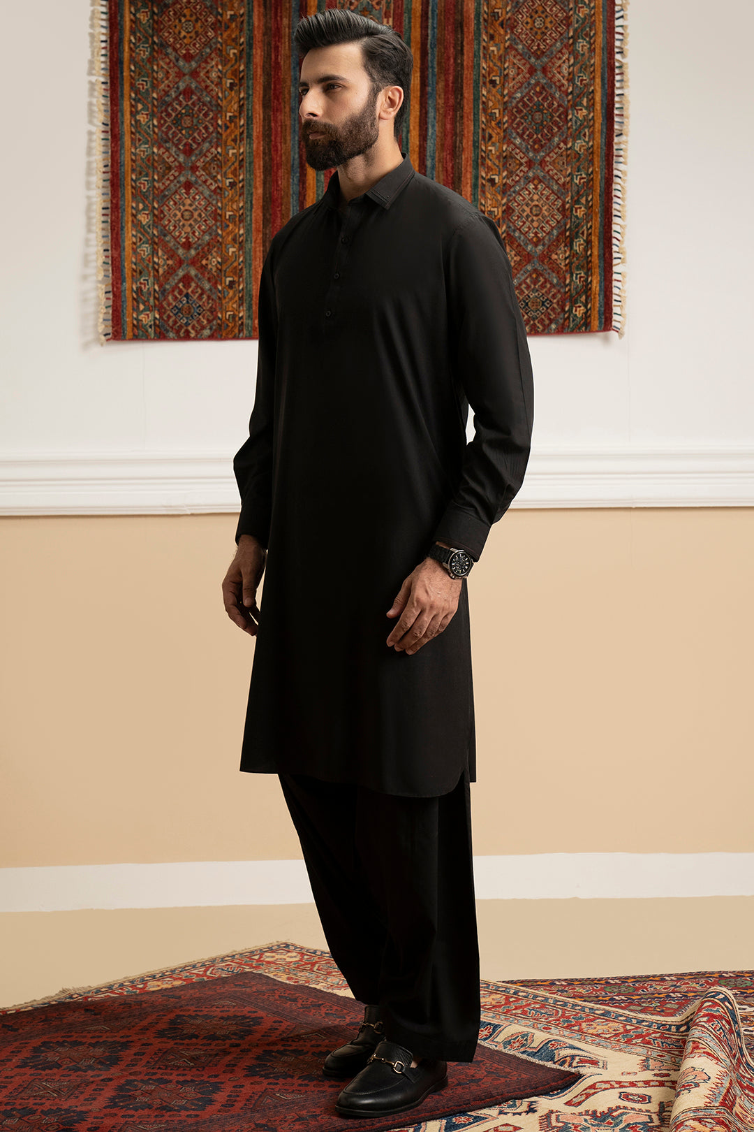 Black Contrast Piping Blended Shalwar Kameez (2-Piece) - Image 5