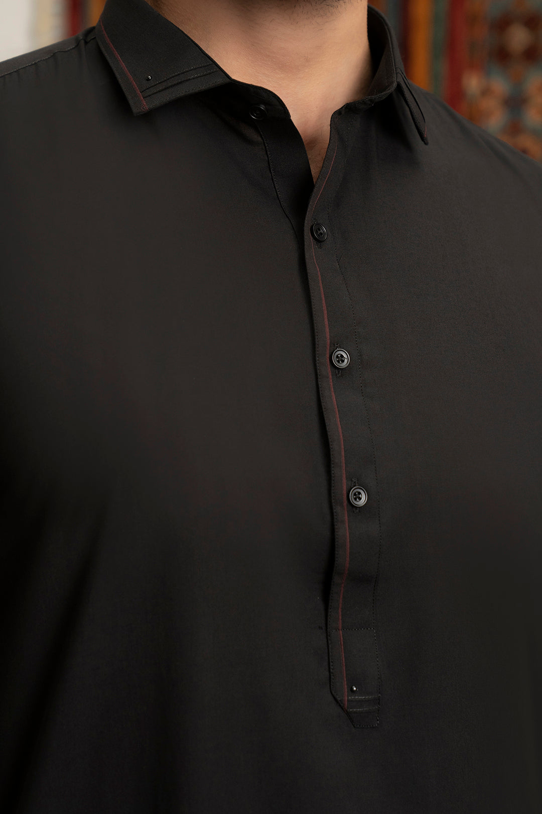 Black Contrast Piping Blended Shalwar Kameez (2-Piece) - Image 6