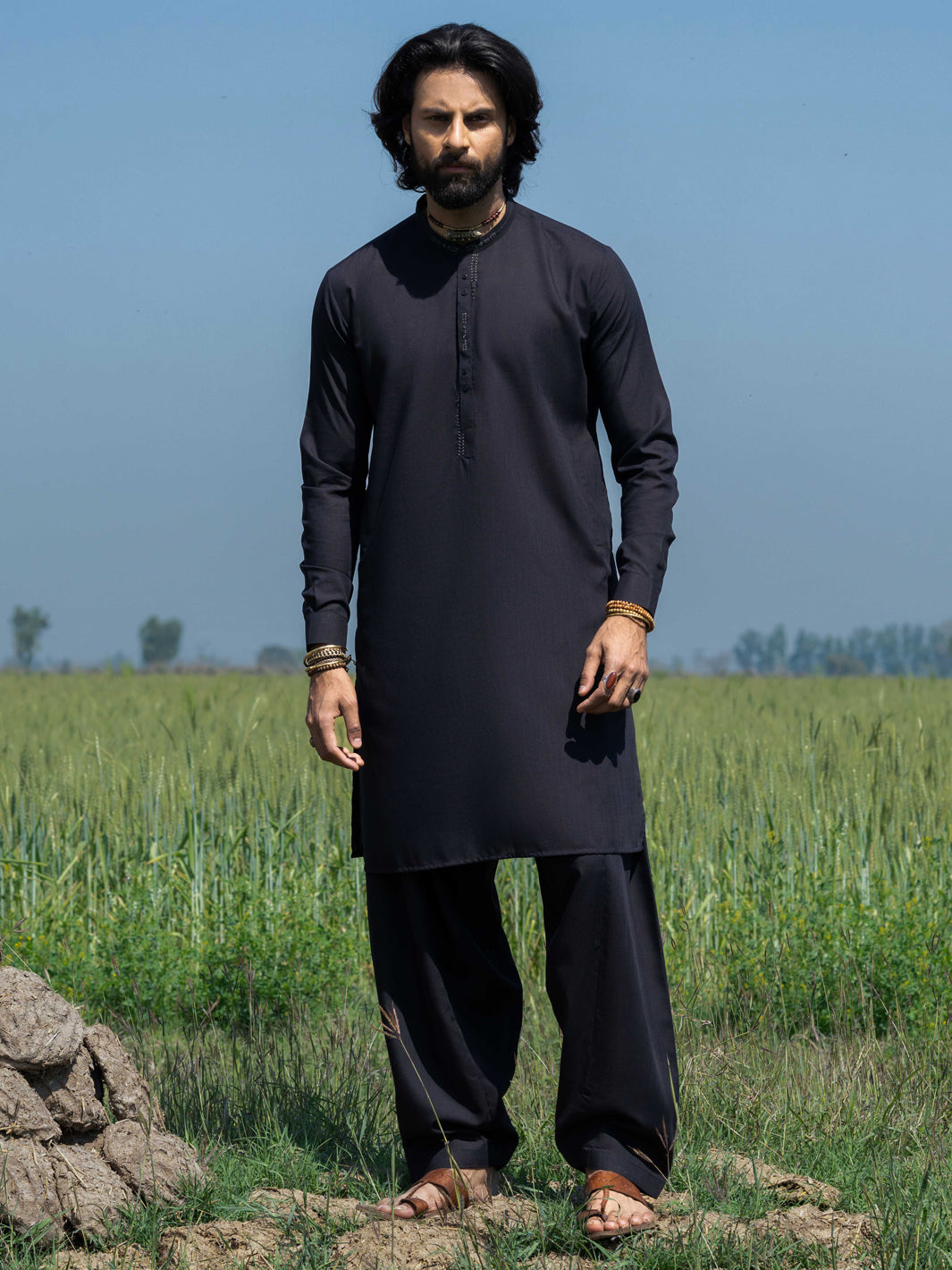 Black Embroidered Blended Shalwar Kameez (2-Piece) - Image 1