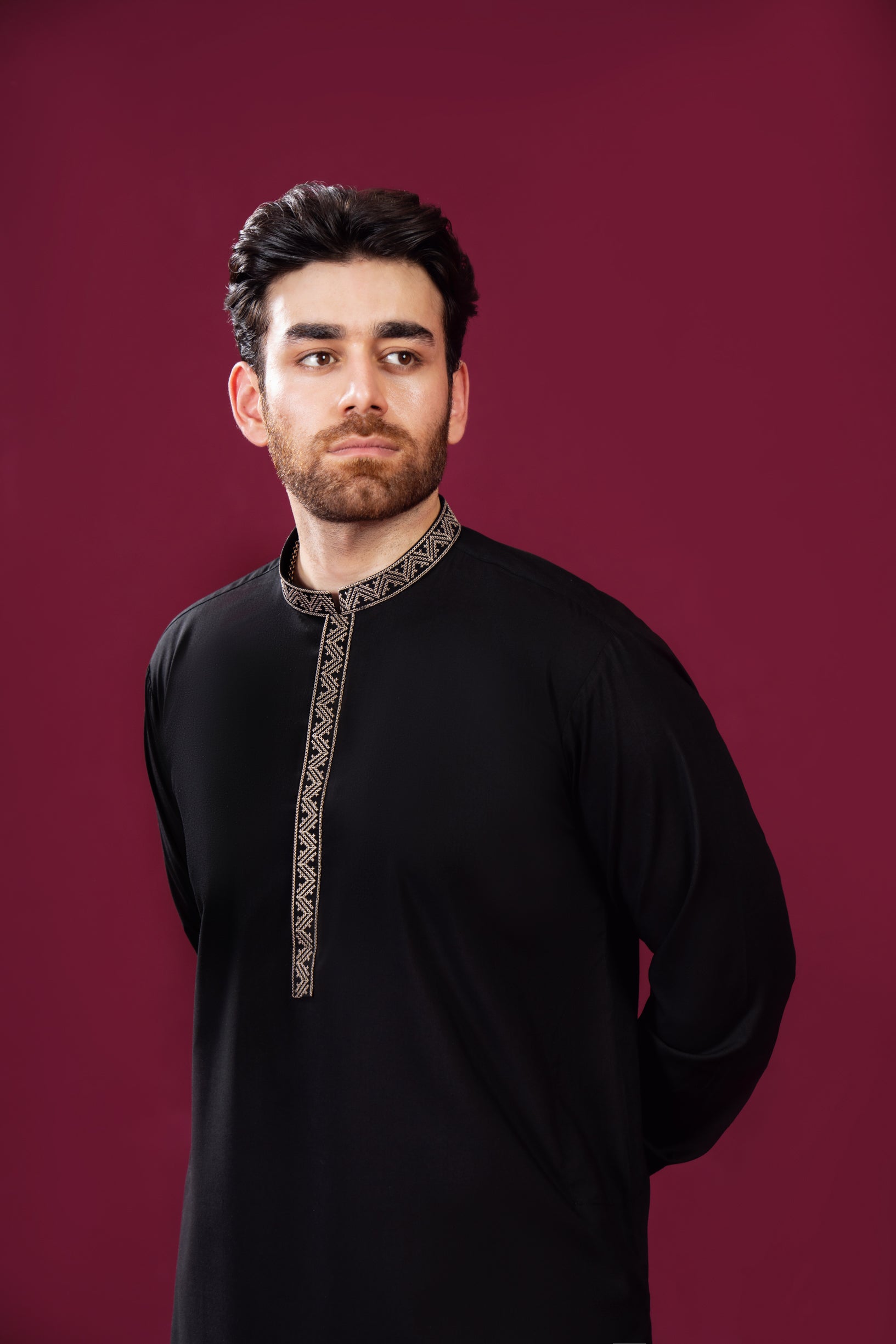 Black Geometric Embroidered Blended Kurta Shalwar (2-Piece) - Image 1