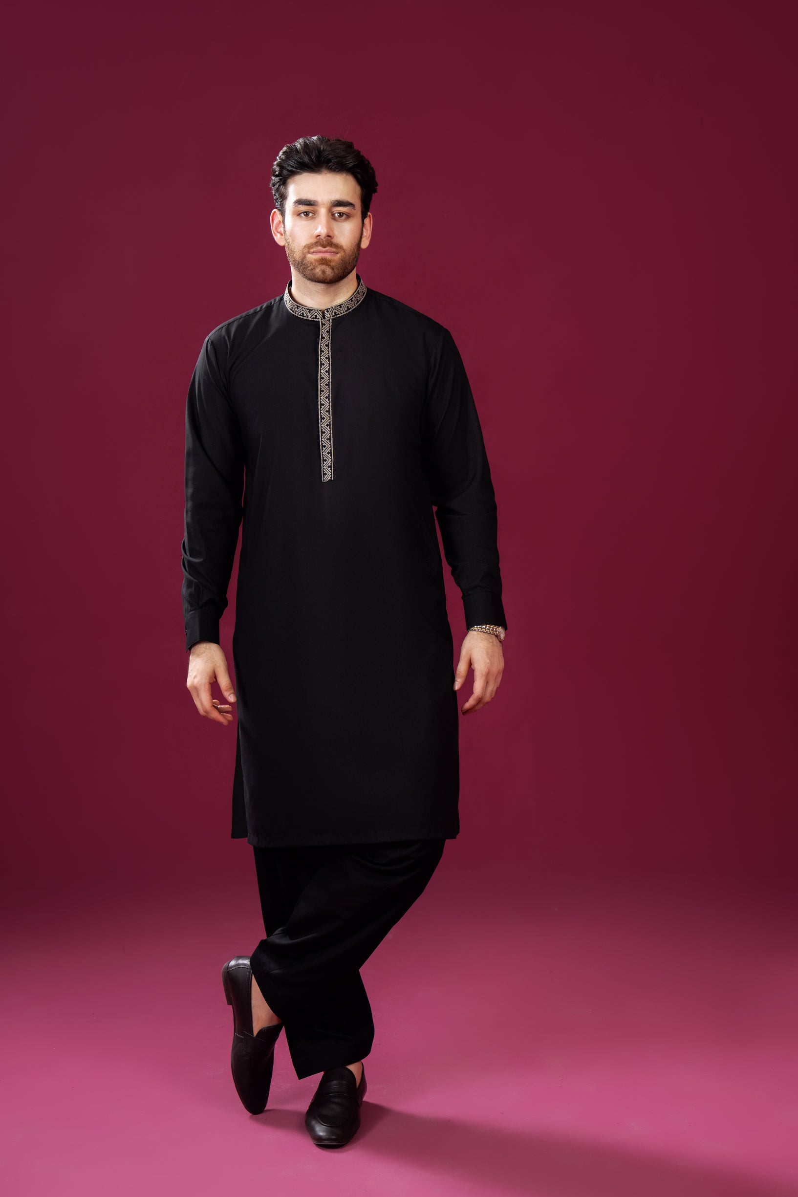 Black Geometric Embroidered Blended Kurta Shalwar (2-Piece) - Image 4